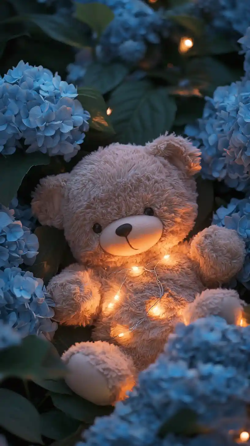 Smiling teddy bear among blue hydrangea flowers at dusk