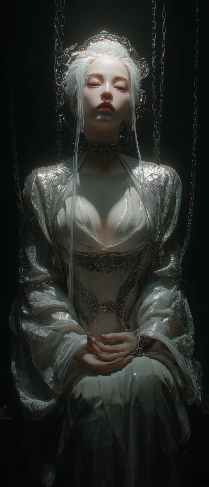 Sad royal maiden chained in a dark fantasy dungeon