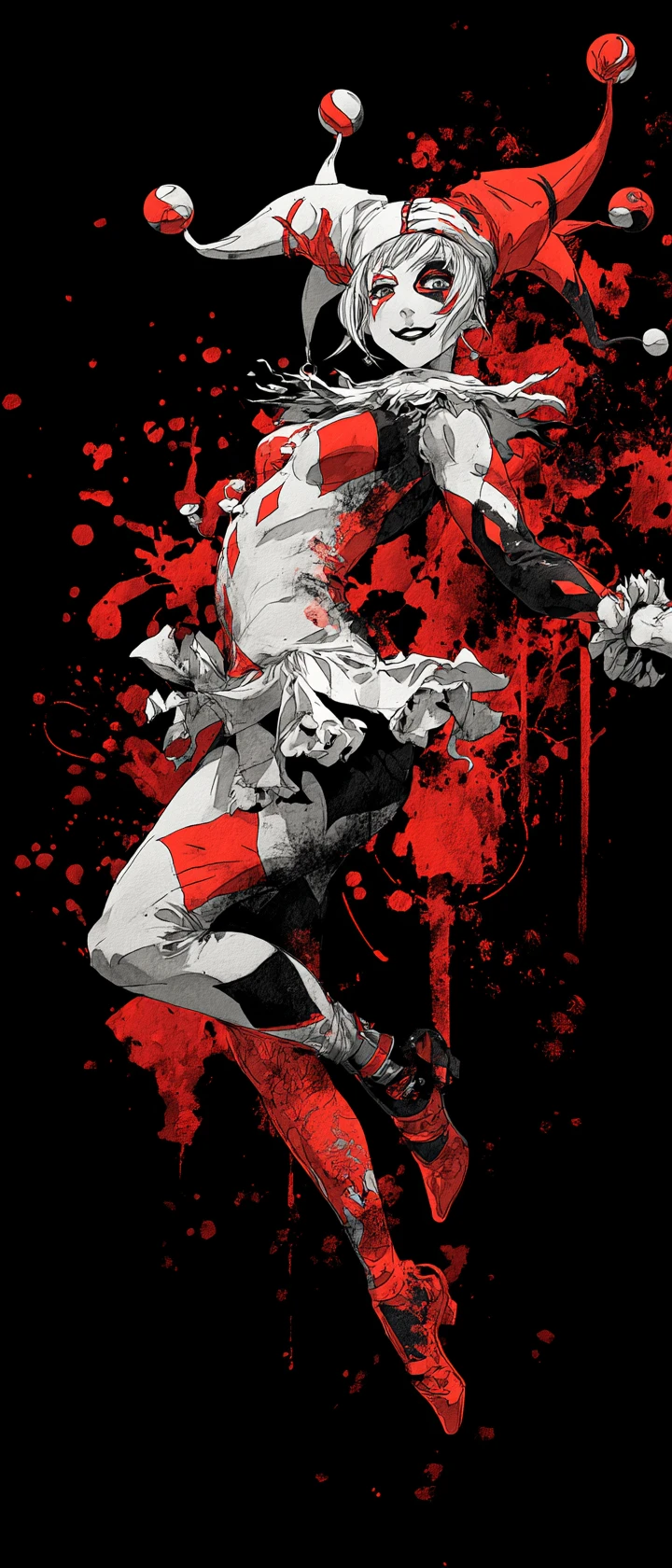 Anime jester twirling as costume unravels into red masks
