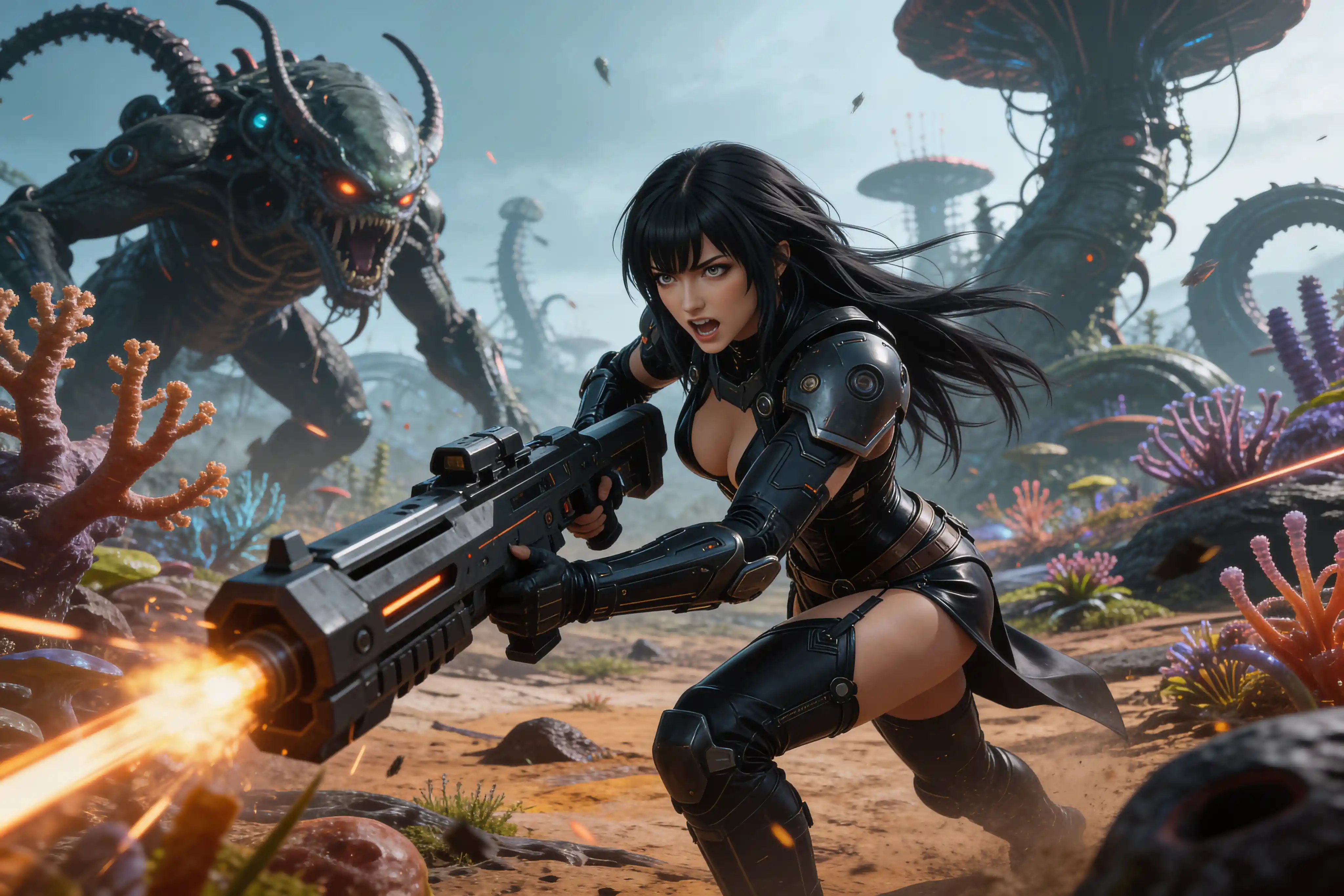 Female sci fi warrior fighting in a hostile alien world