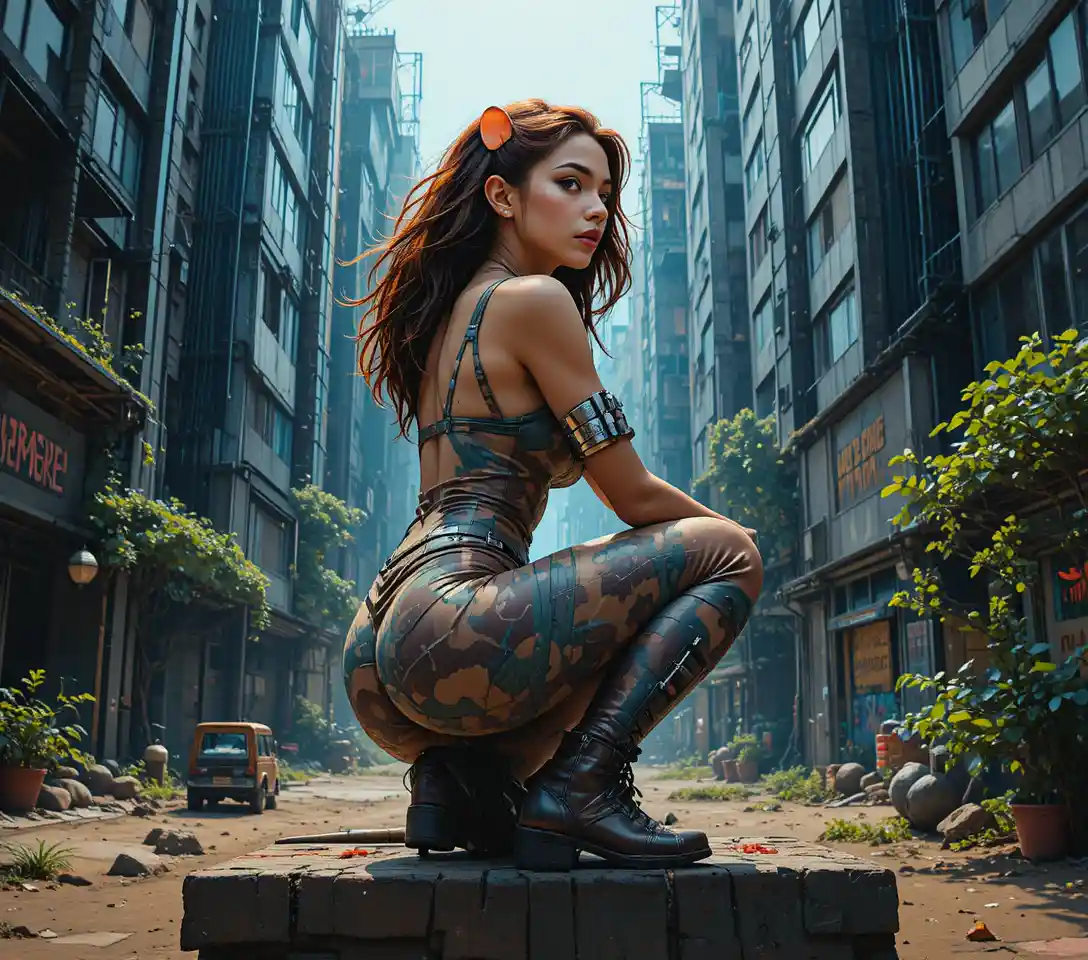 Futuristic woman seated on a neon lit city ledge