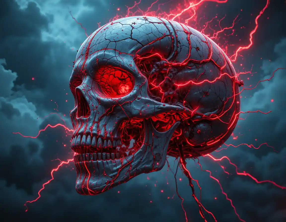 Electrified cracked skull glowing in a stormy night sky