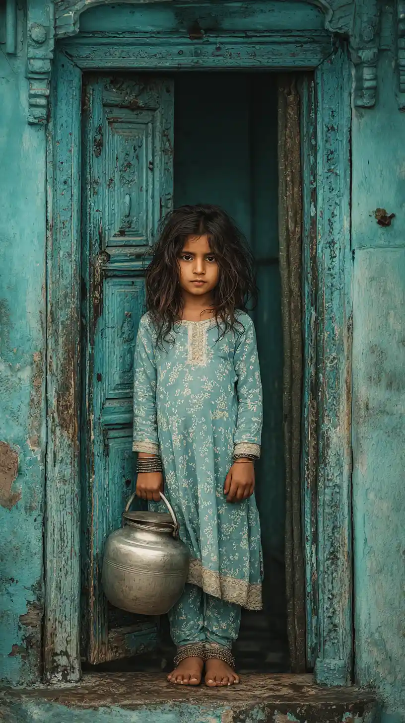 Giovane ragazza in salwar kameez blu a un portale rustico