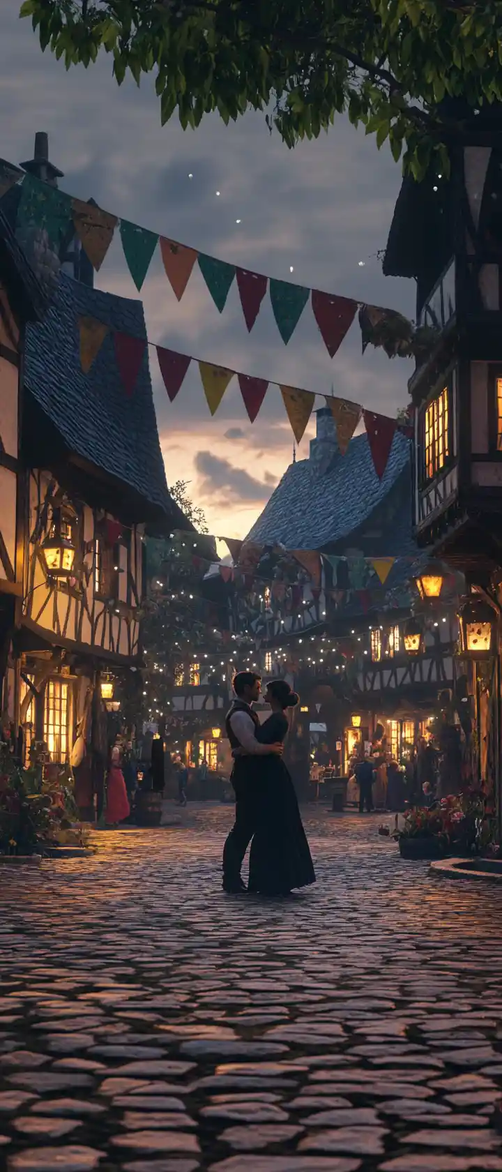 Romantic couple dancing in a medieval village square at dusk