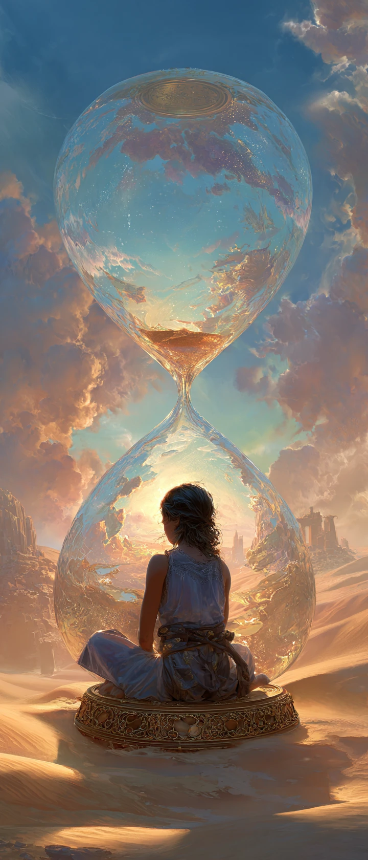 Young woman in an ornate hourglass in the desert sun