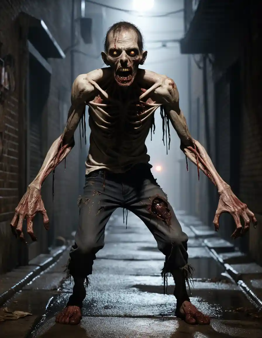 Zombi in decomposizione che si lancia sulla vittima in un vicolo urbano oscuro