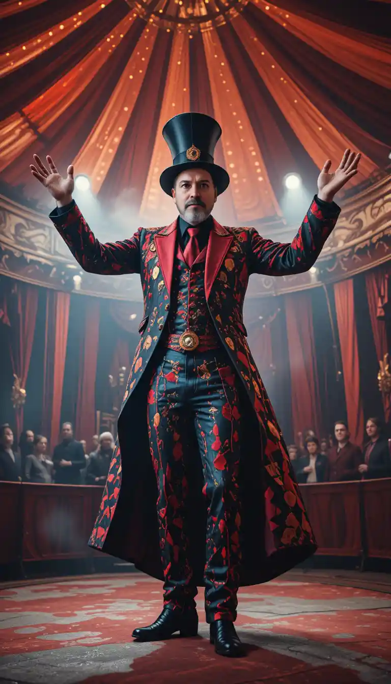 Charismatic ringmaster commanding the vibrant circus big top