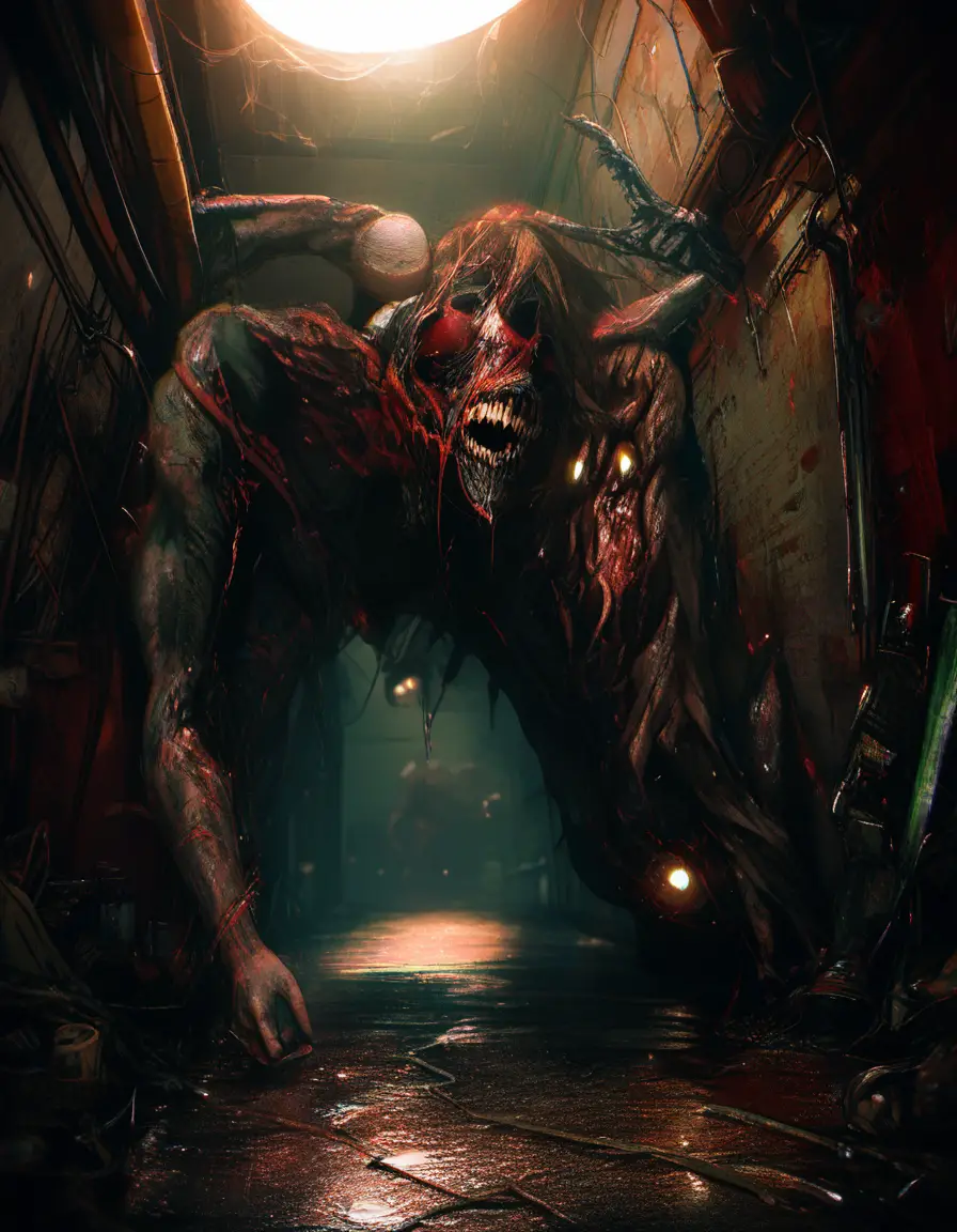 Rotting zombie lunging in a dark alley toward terrified victim