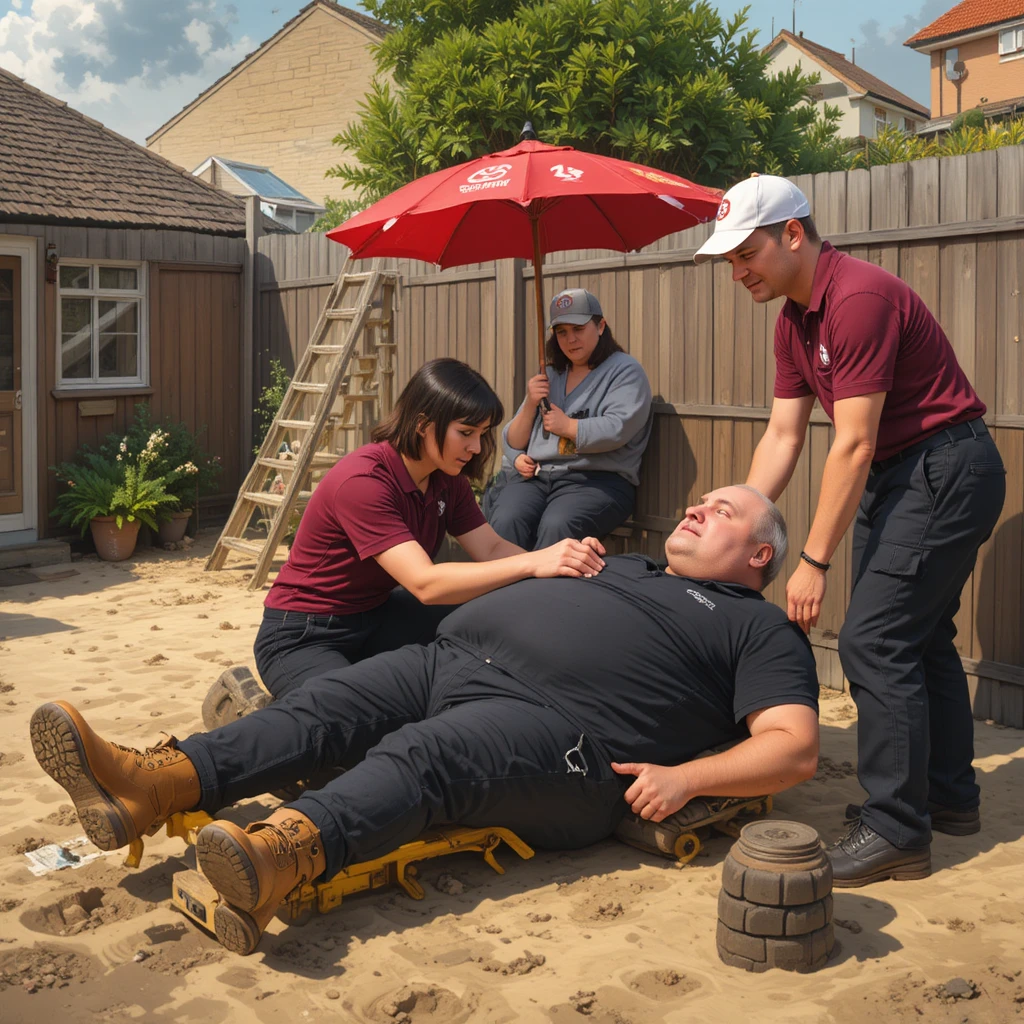 Injured man on yard ground helped by worried woman