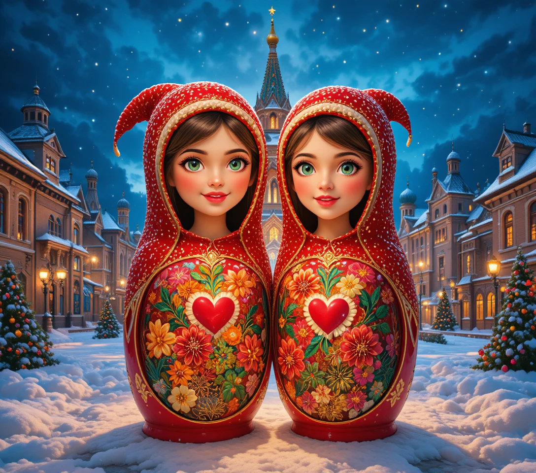 Festive matryoshka dolls in front of snowy Russian cathedral