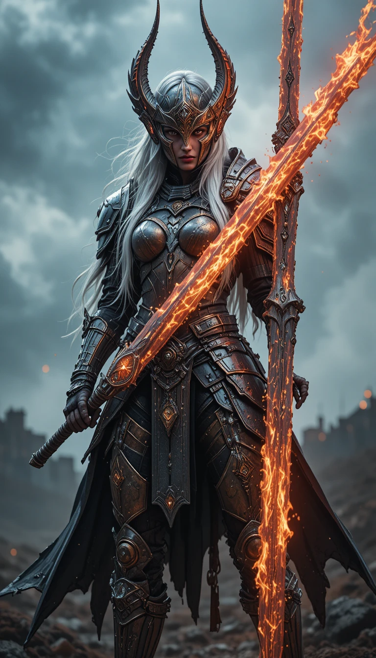 Armored warrior woman with glowing sword on battlefield
