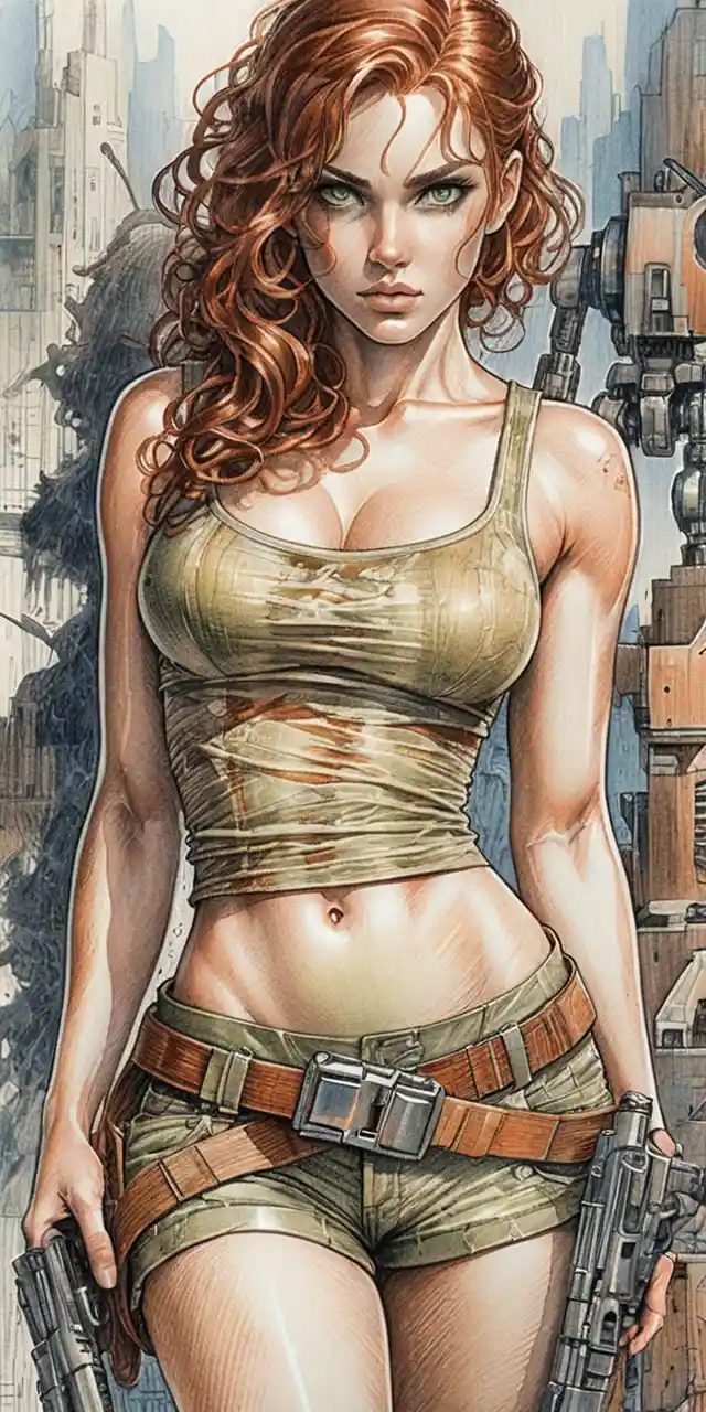 Armed young warrior woman in a ruined post apocalyptic city