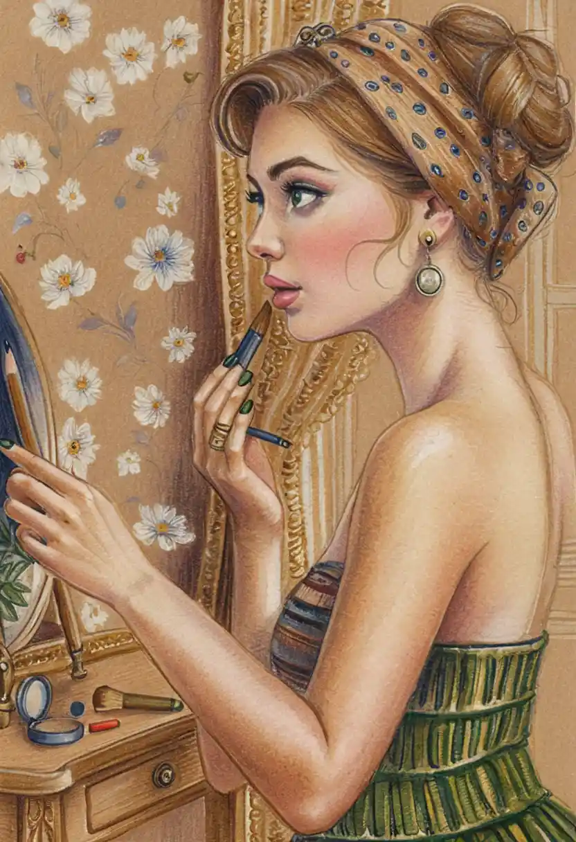 Loira pin-up passando batom em penteadeira vintage