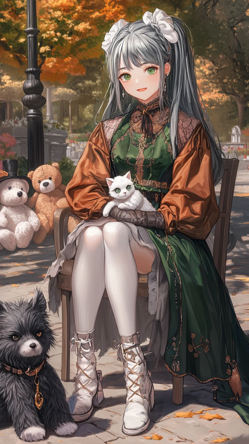 Green haired girl walking her dog in an autumn park