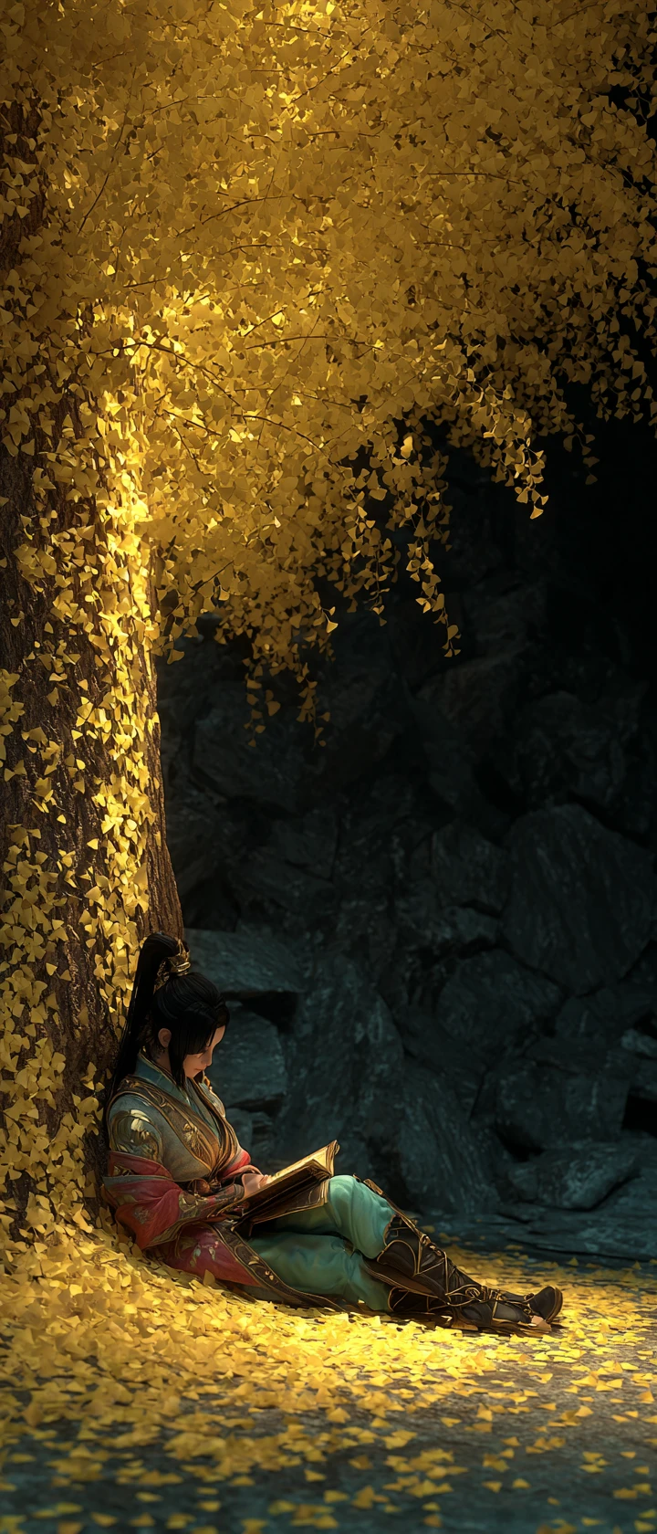 Árbol dorado a la luz de la luna con una figura serena leyendo