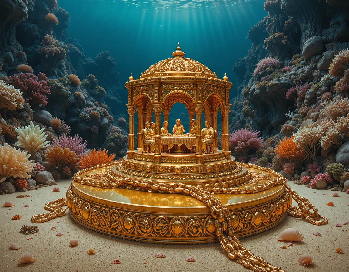 Golden chalice on ornate tray with coral reef background