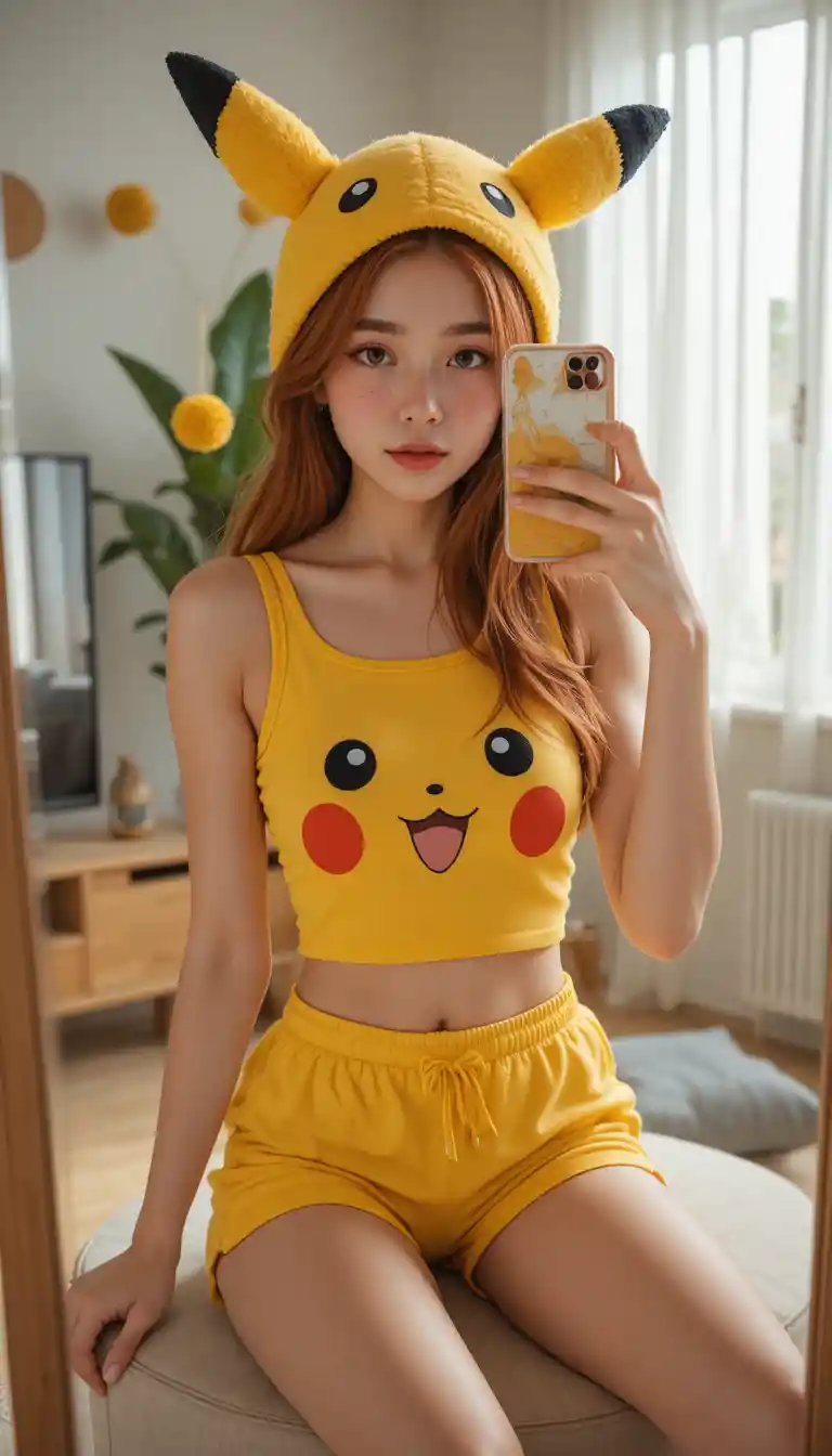 Ragazza dai capelli rossi che si scatta un selfie allo specchio in un luminoso soggiorno
