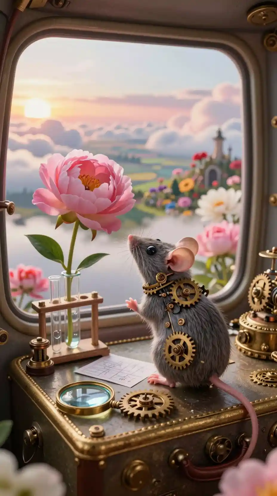 Steampunk mouse pilot with pink peony in tiny gondola