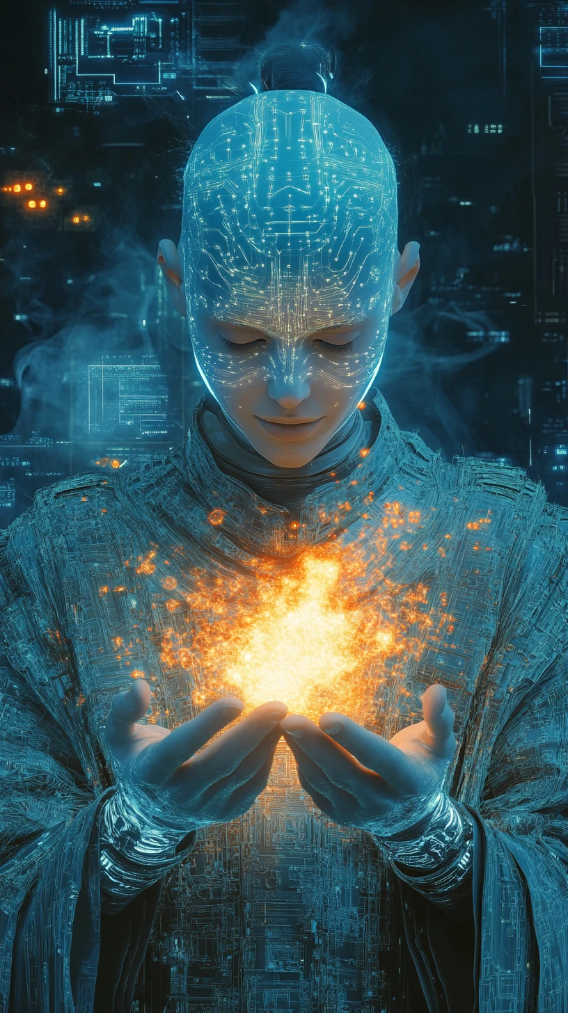 Cyborg mystic holding glowing energy in a blue chamber