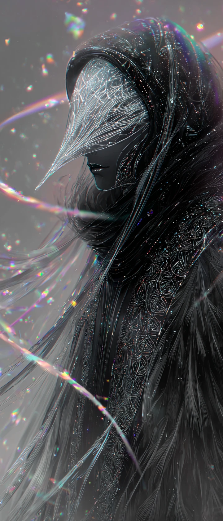 Masked spirit in a black feathered robe with glowing patterns