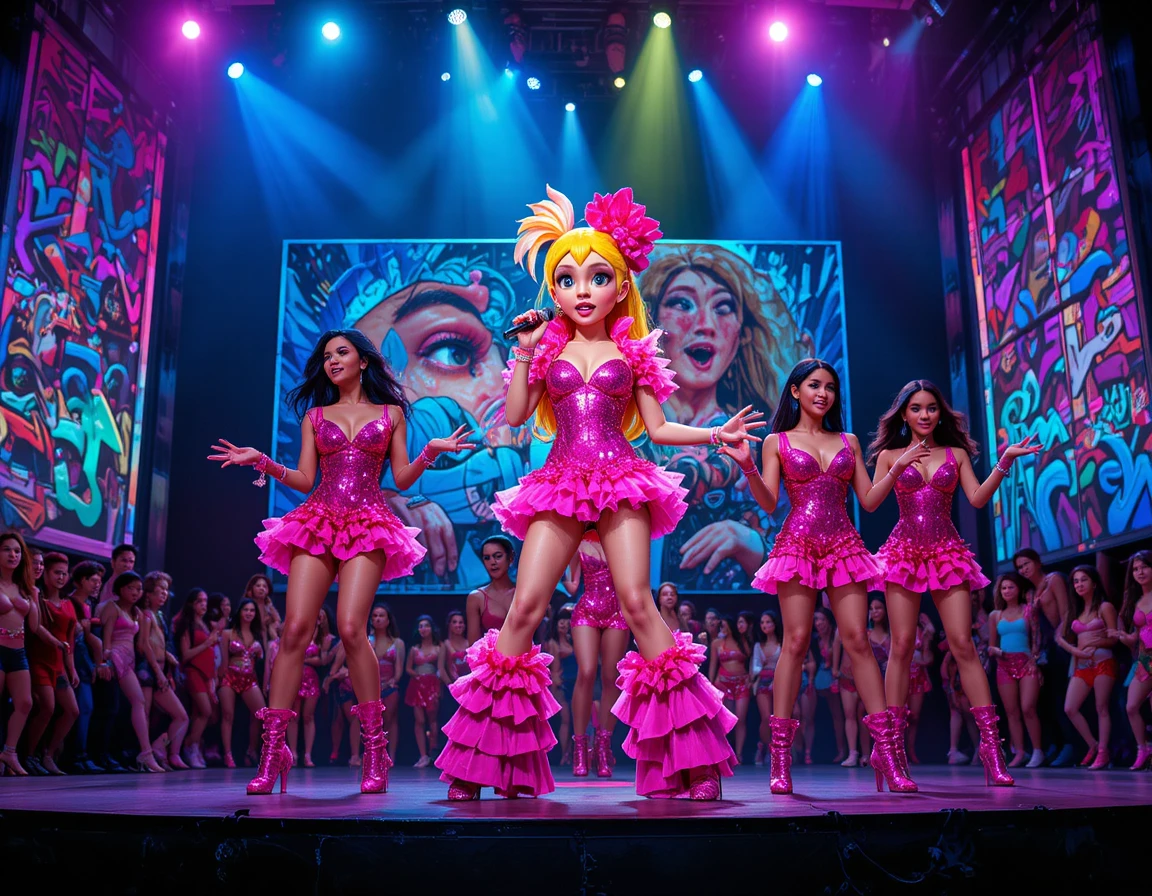 Pop singer performing on stage under colorful neon lights