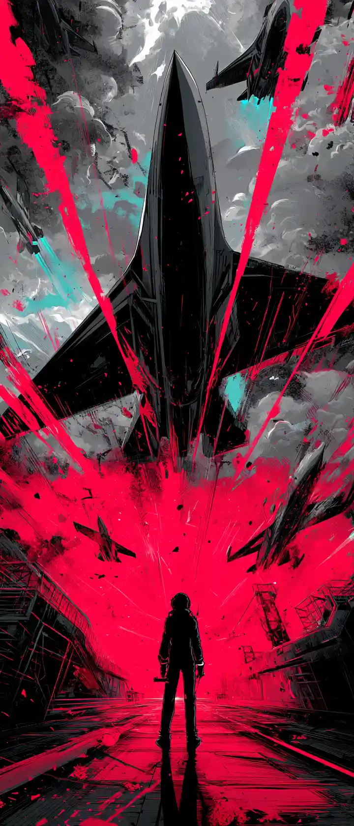 Anime pilot in jet with glowing mechanical heart engines