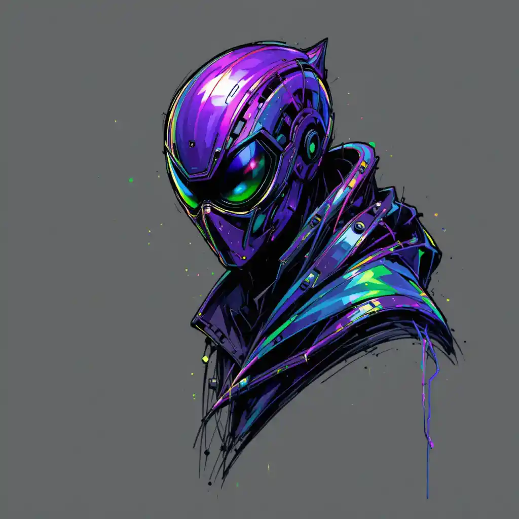 Graffiti character sketch with purple and green techwear style