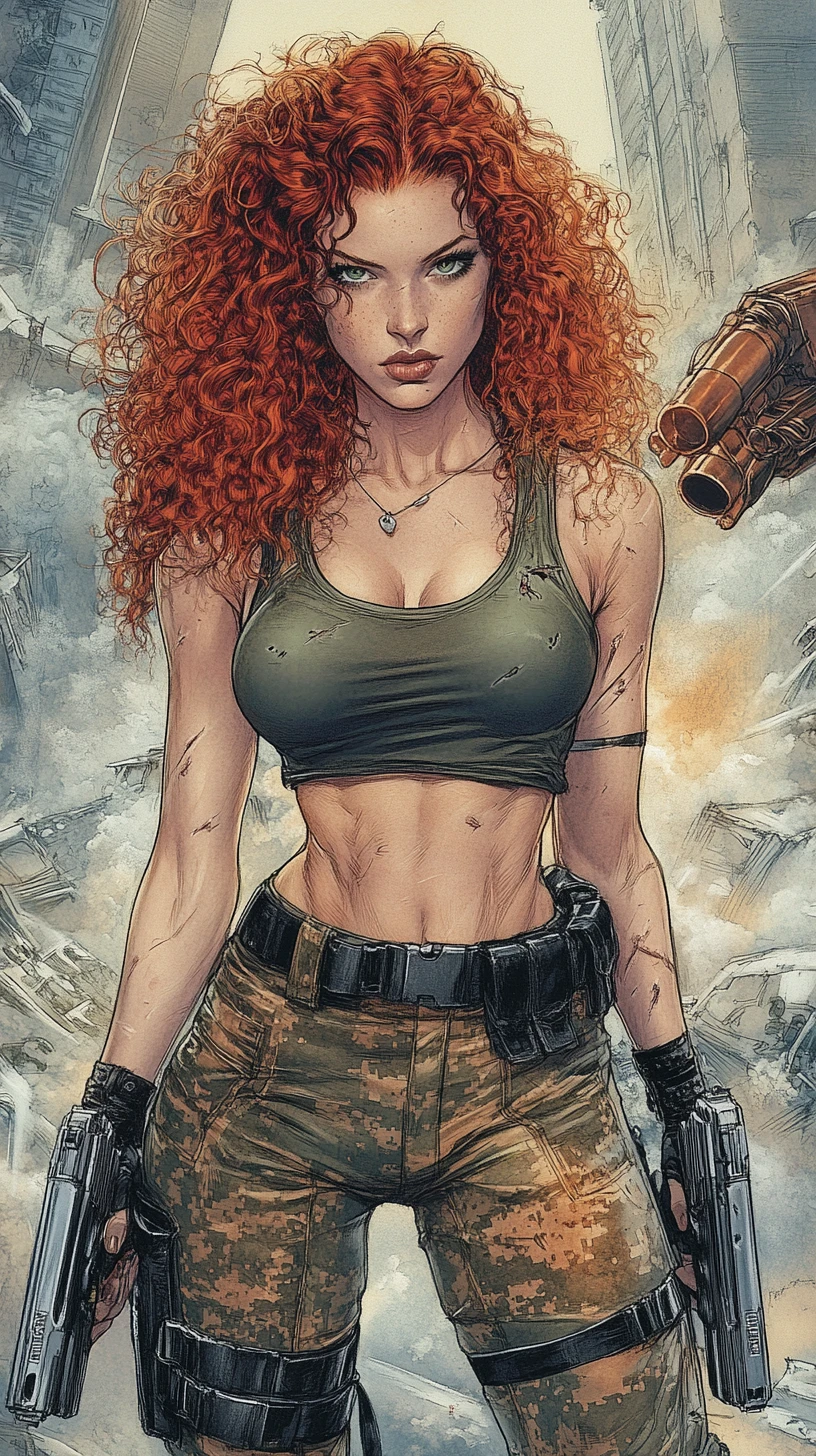 Battle worn woman with pistols in ruined cityscape