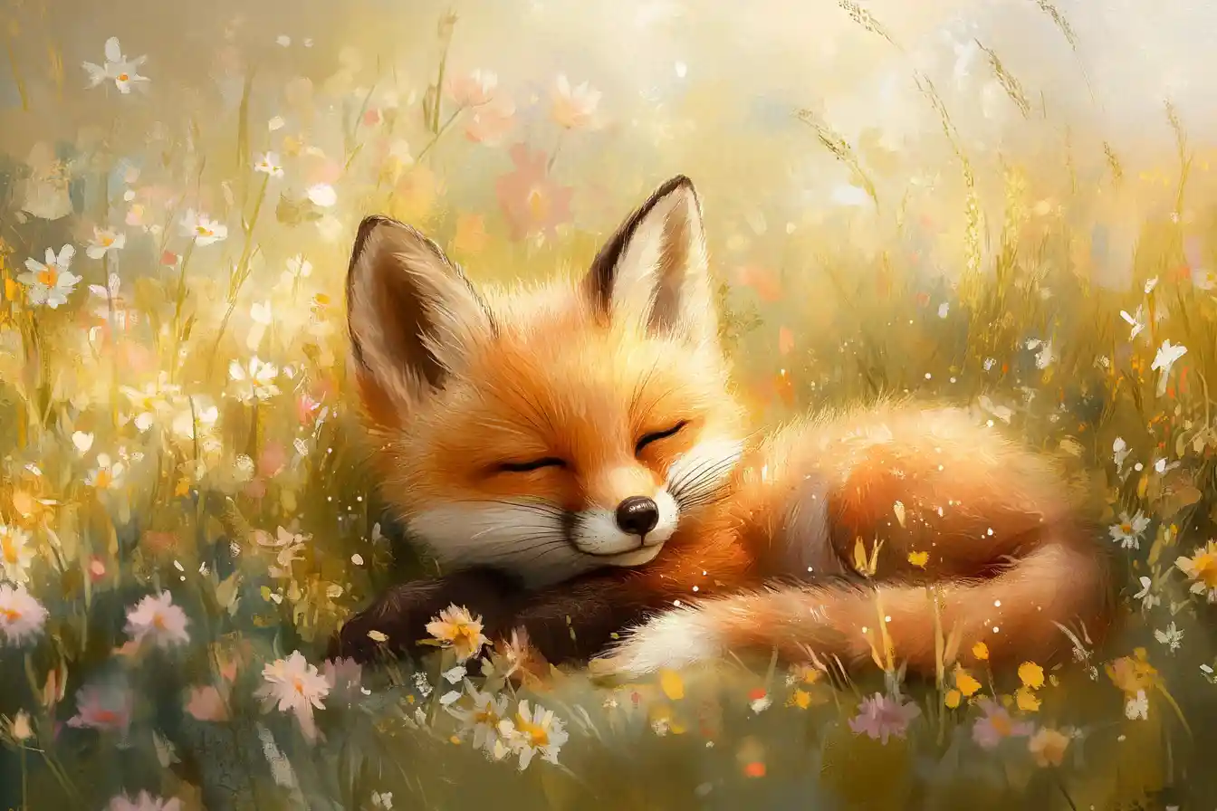 Raposa bebê brincalhona rolando em um prado de primavera – ilustração