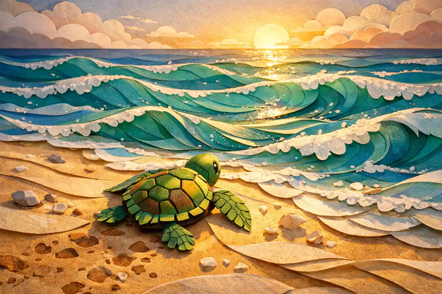 Papercraft baby sea turtle on layered beach and ocean waves