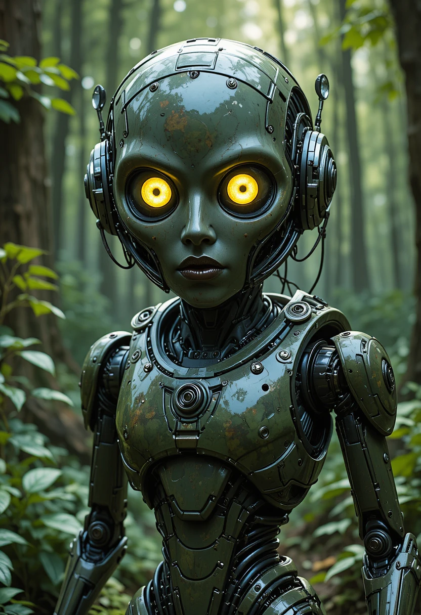 Humanoid robot in camouflage armor in a green forest
