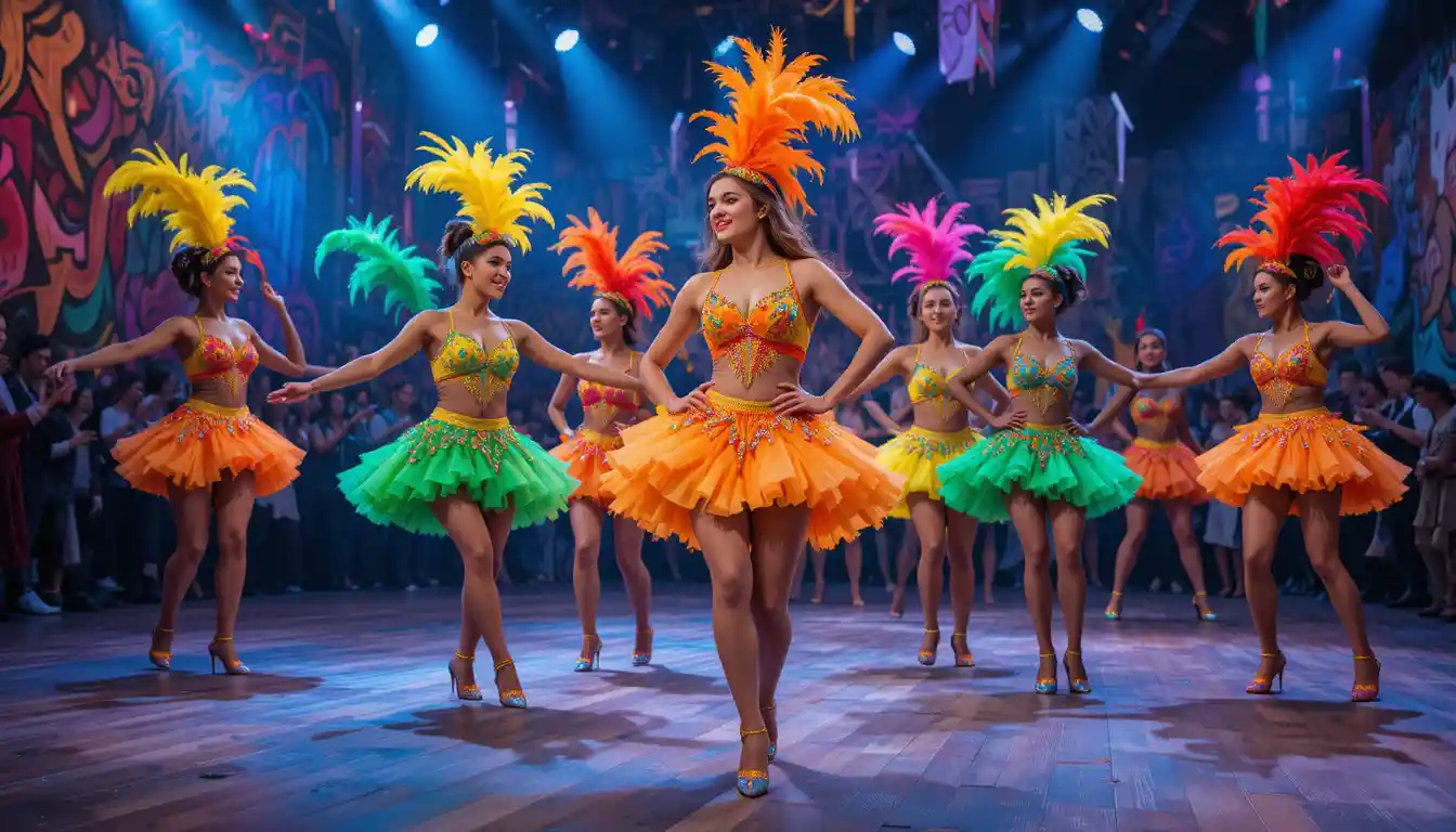Groupe de danse coloré sur scène dans un studio TV