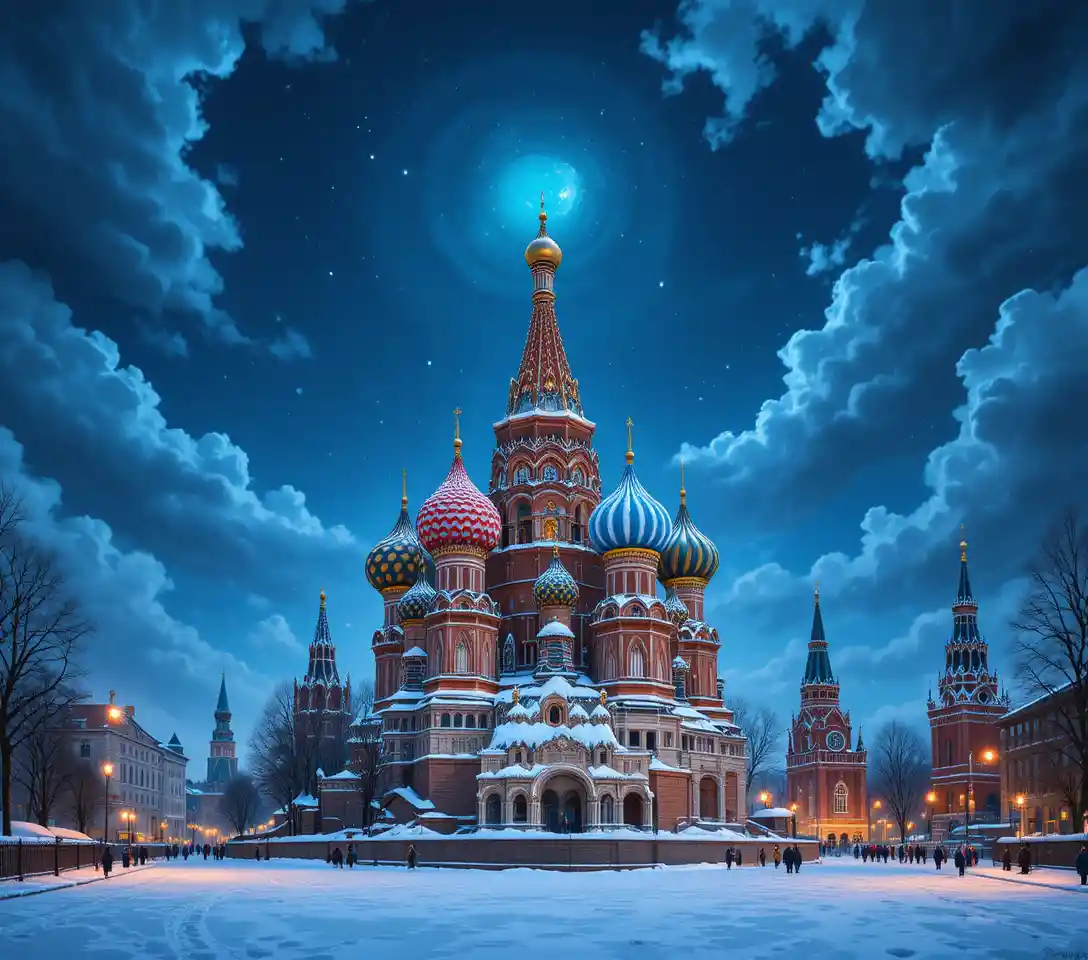 St Basil cathedral at night under a starry winter sky