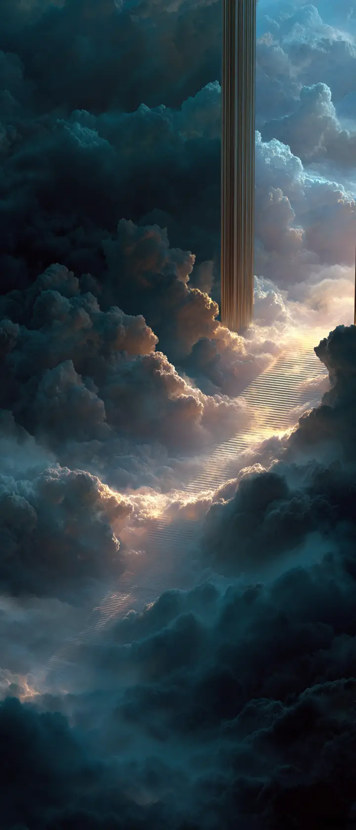 Shaded path rising toward distant heavenly gates in clouds