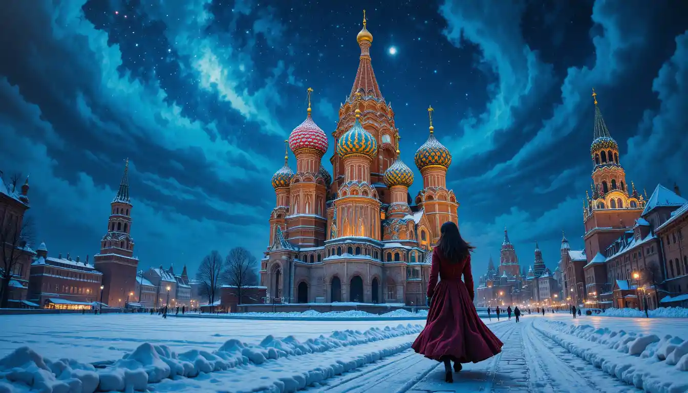 Russian woman walking at night near Saint Basil cathedral