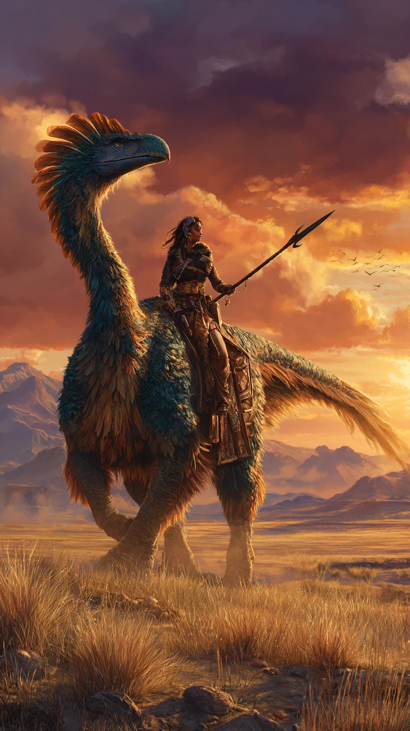 Guerriera che cavalca un dinosauro piumato attraverso pianure preistoriche
