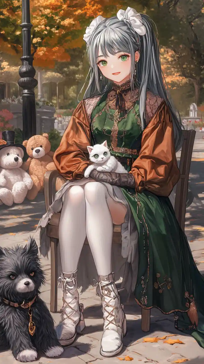 Green haired girl walking her dog in an autumn park