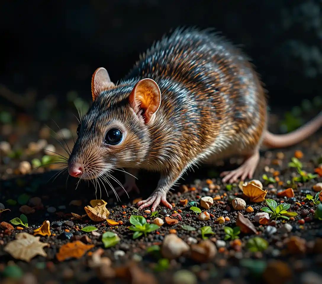 Brown wild rat searching for food on earthy ground