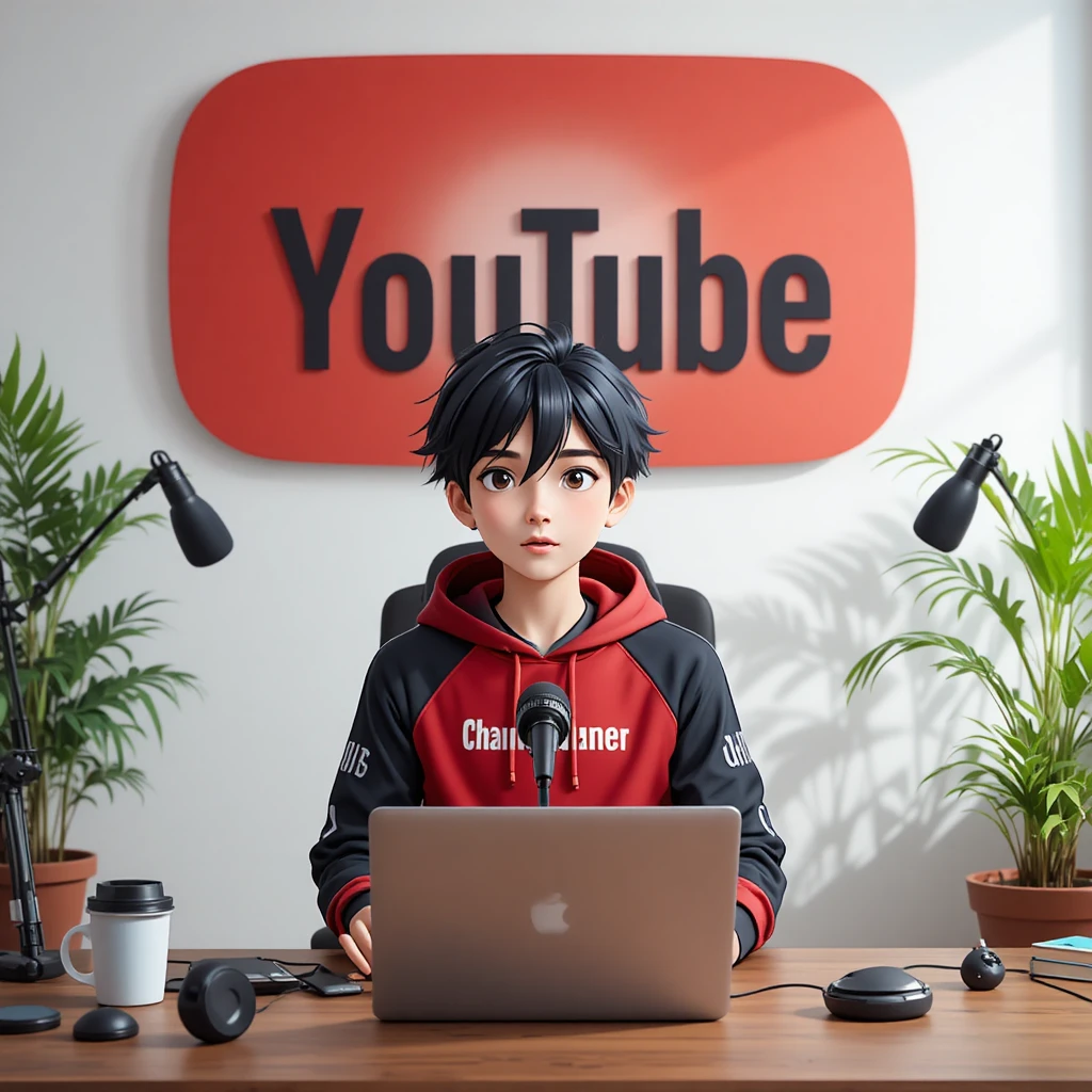 Anime boy streaming at a desk with recording setup