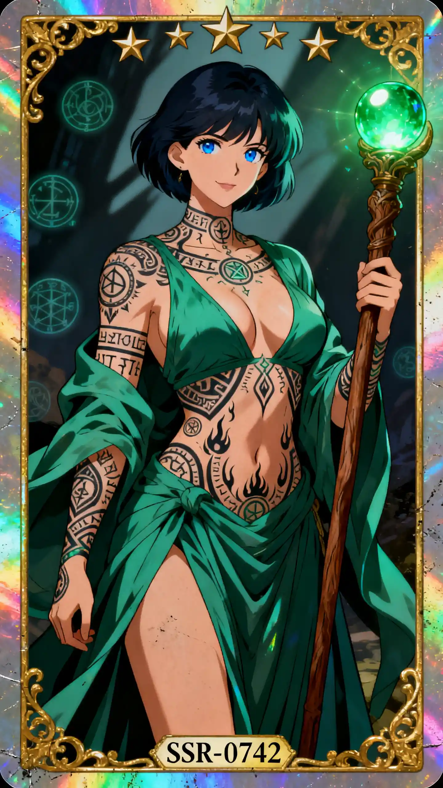 Tattooed emerald mage woman on holographic tarot card