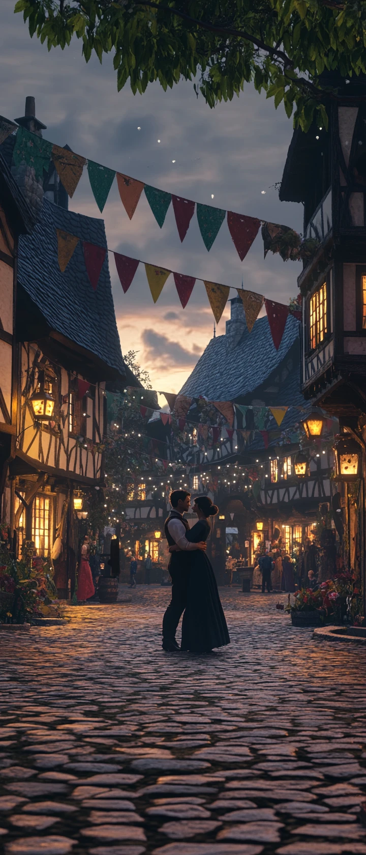 Romantic couple dancing in a medieval village square at dusk