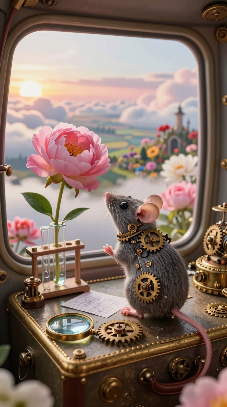 Steampunk mouse pilot with pink peony in tiny gondola
