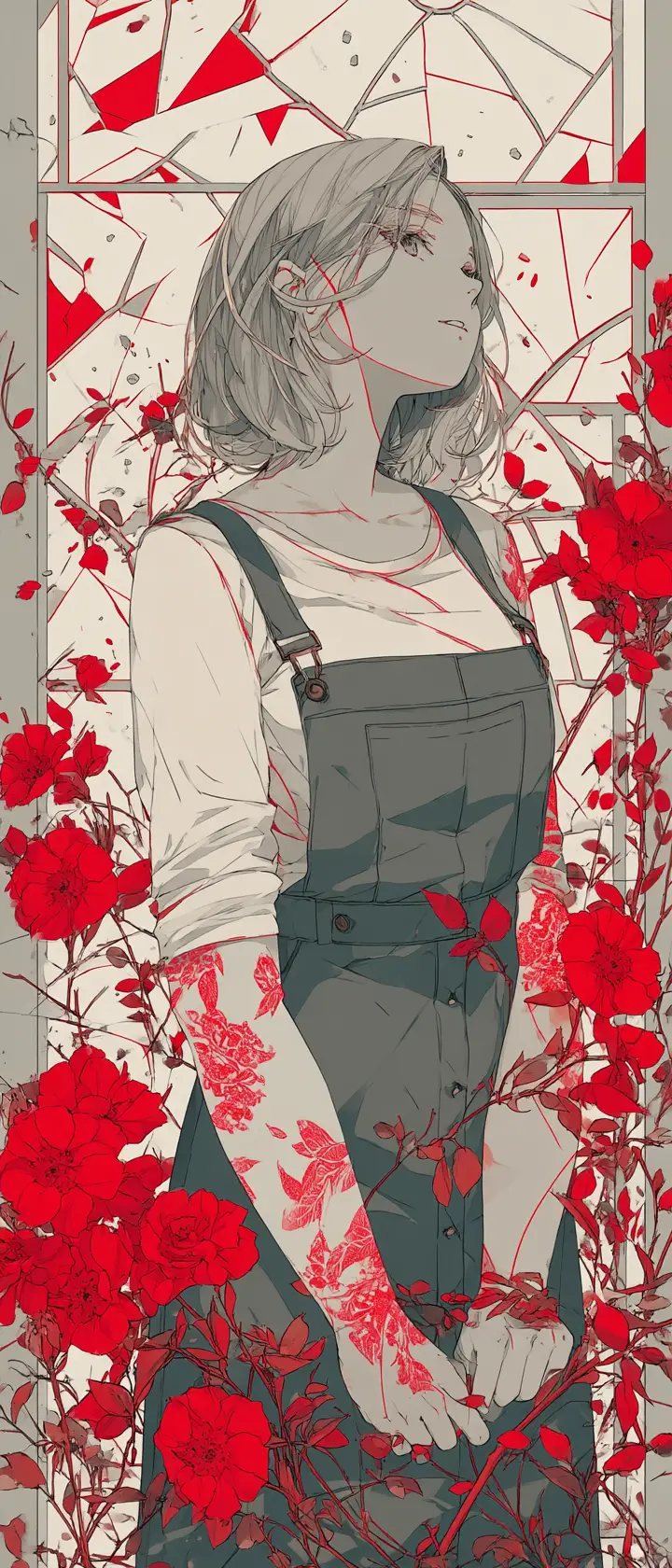 Anime gardener in a cracked greenhouse of blooming tattoos