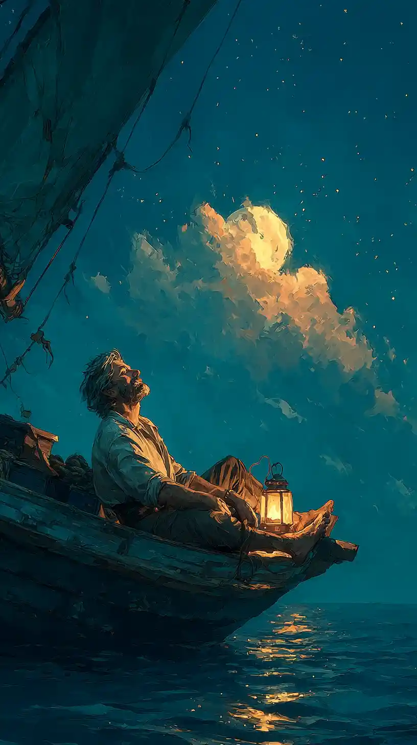 Uomo solitario che naviga su una barca di legno nell’oceano notturno