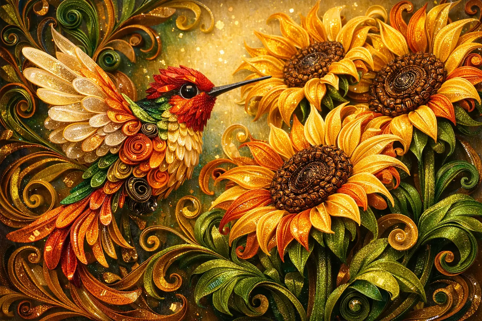 Colibrì Fantasioso in Quilling di Carta con Girasoli