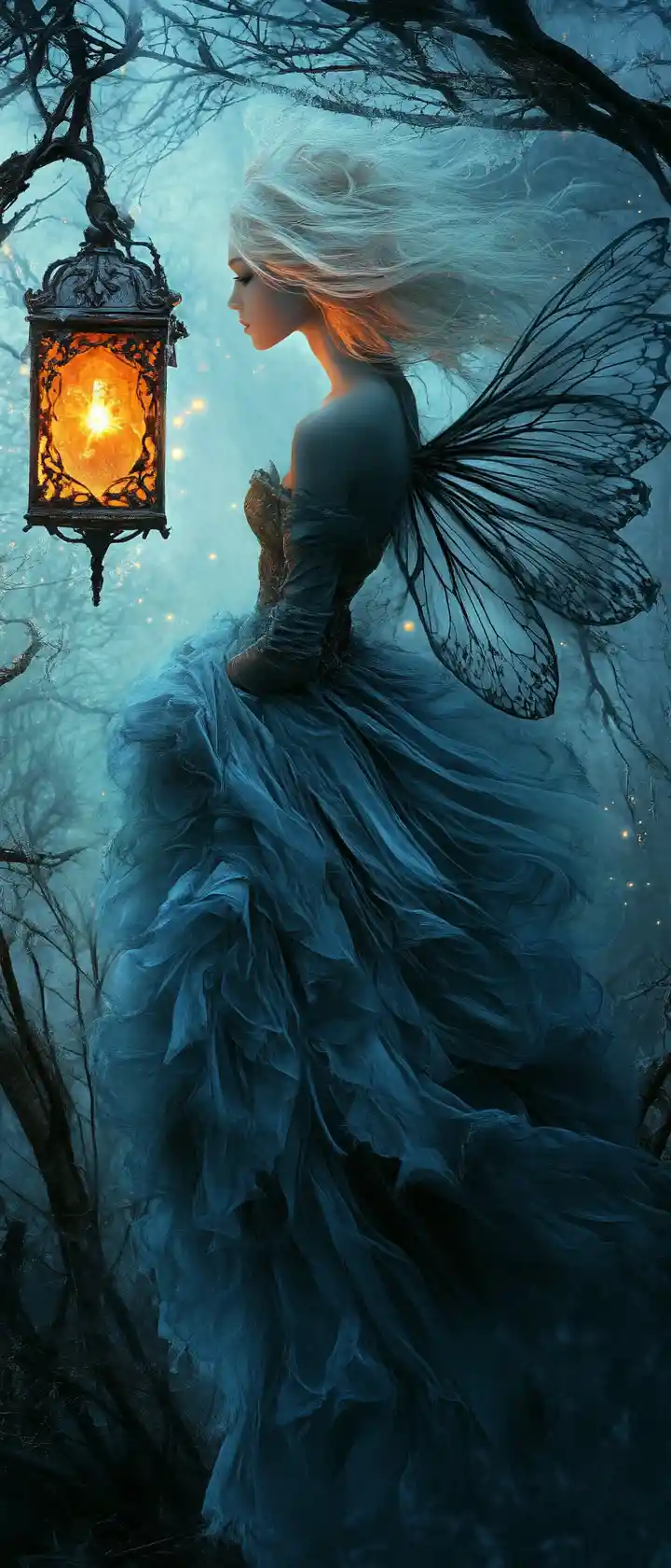 Graceful fairy in profile under a glowing lantern