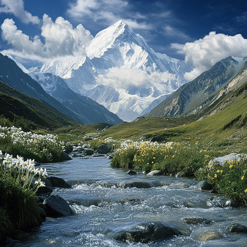 Imponente cordillera del Himalaya con valles y ríos frondosos