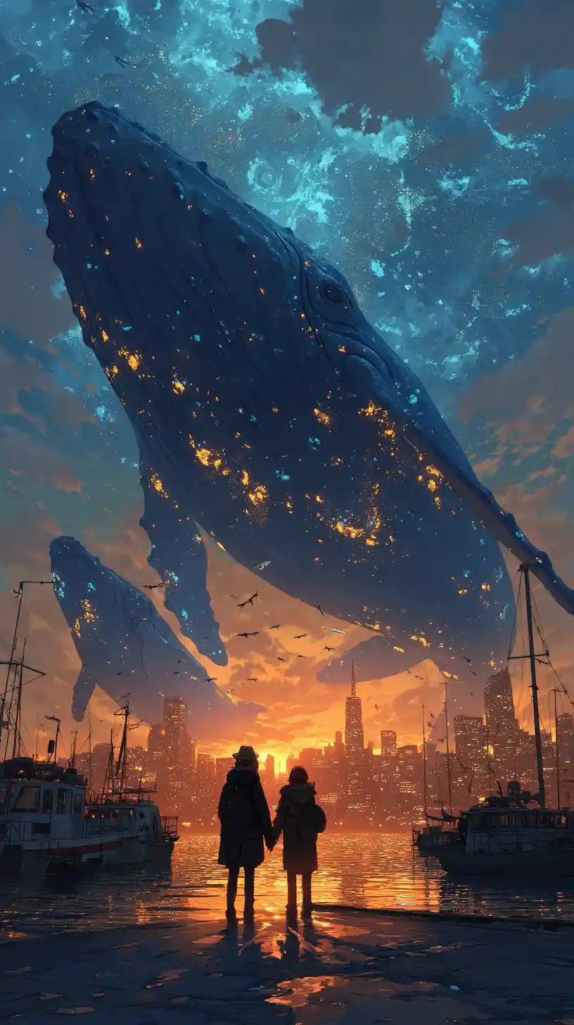Couple on a city rooftop beneath an inverted ocean sky