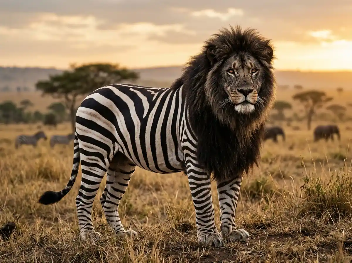 Photorealistic lion with zebra skin in three quarter view