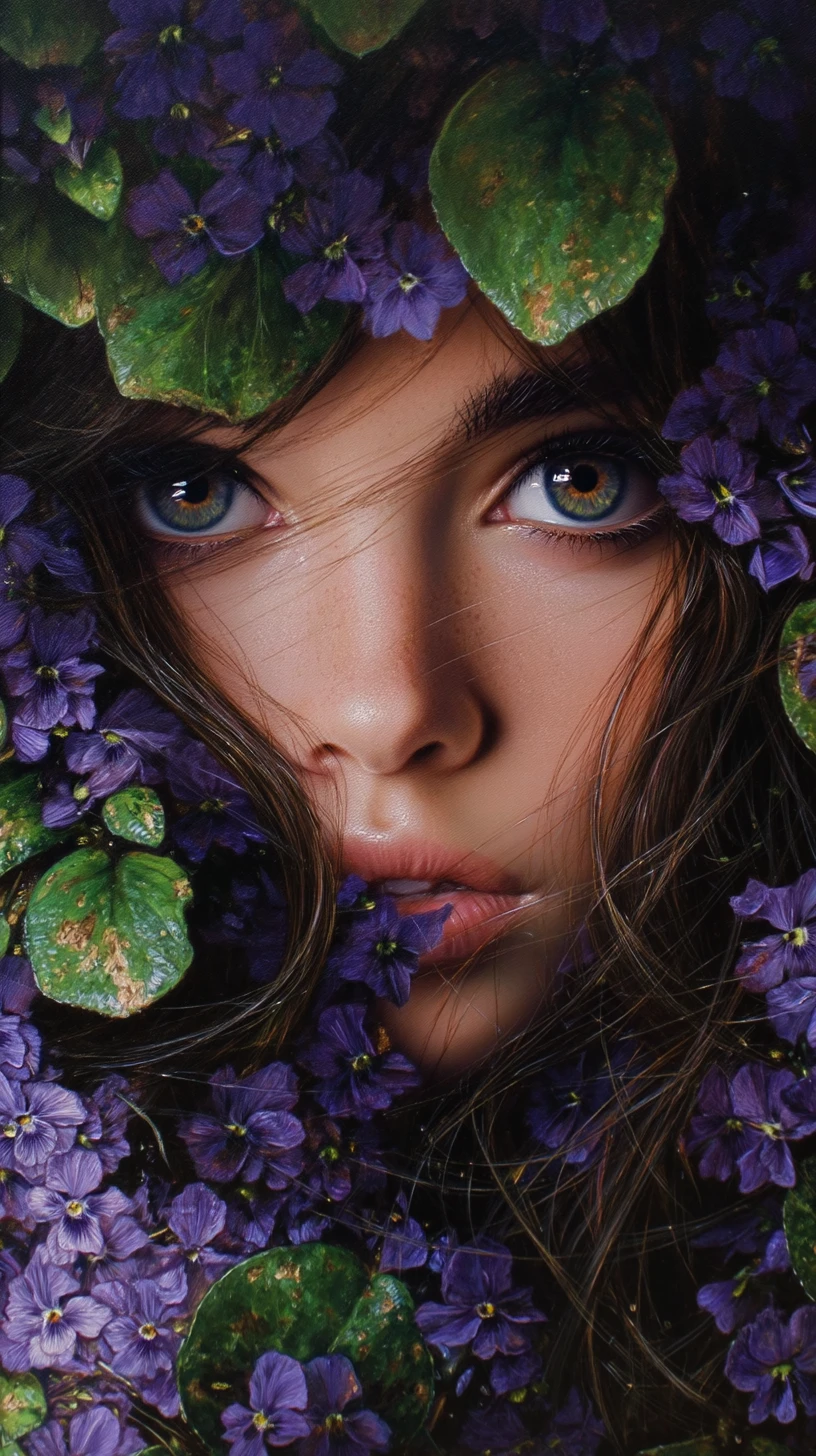 Surreal portrait of a woman emerging from violet flowers